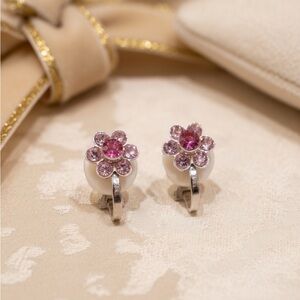 Vintage Silver Tone Pink Rhinestone Flower Small Dainty Clip on Earrings